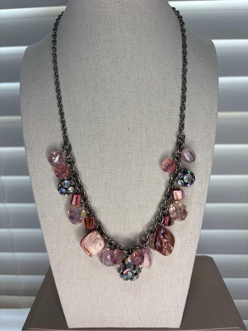 Pink Glass Charm Necklace on Gunmetal Chain